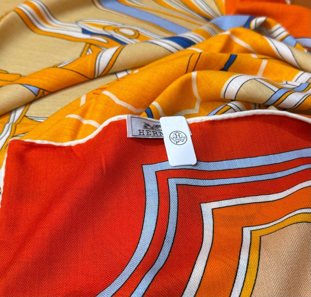 HM Les Roues de Phaeton Scarf 140x140cm Orange Yellow Silk Cashmere 269483