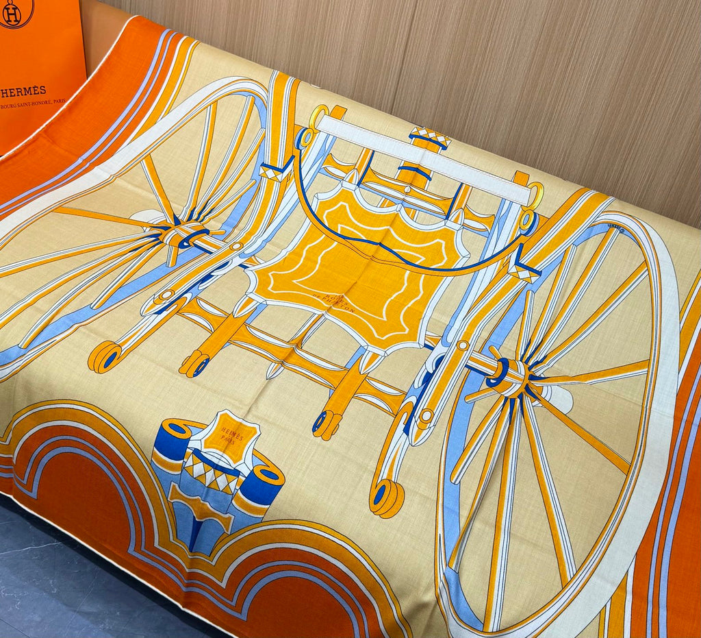HM Les Roues de Phaeton Scarf 140x140cm Orange Yellow Silk Cashmere 269483