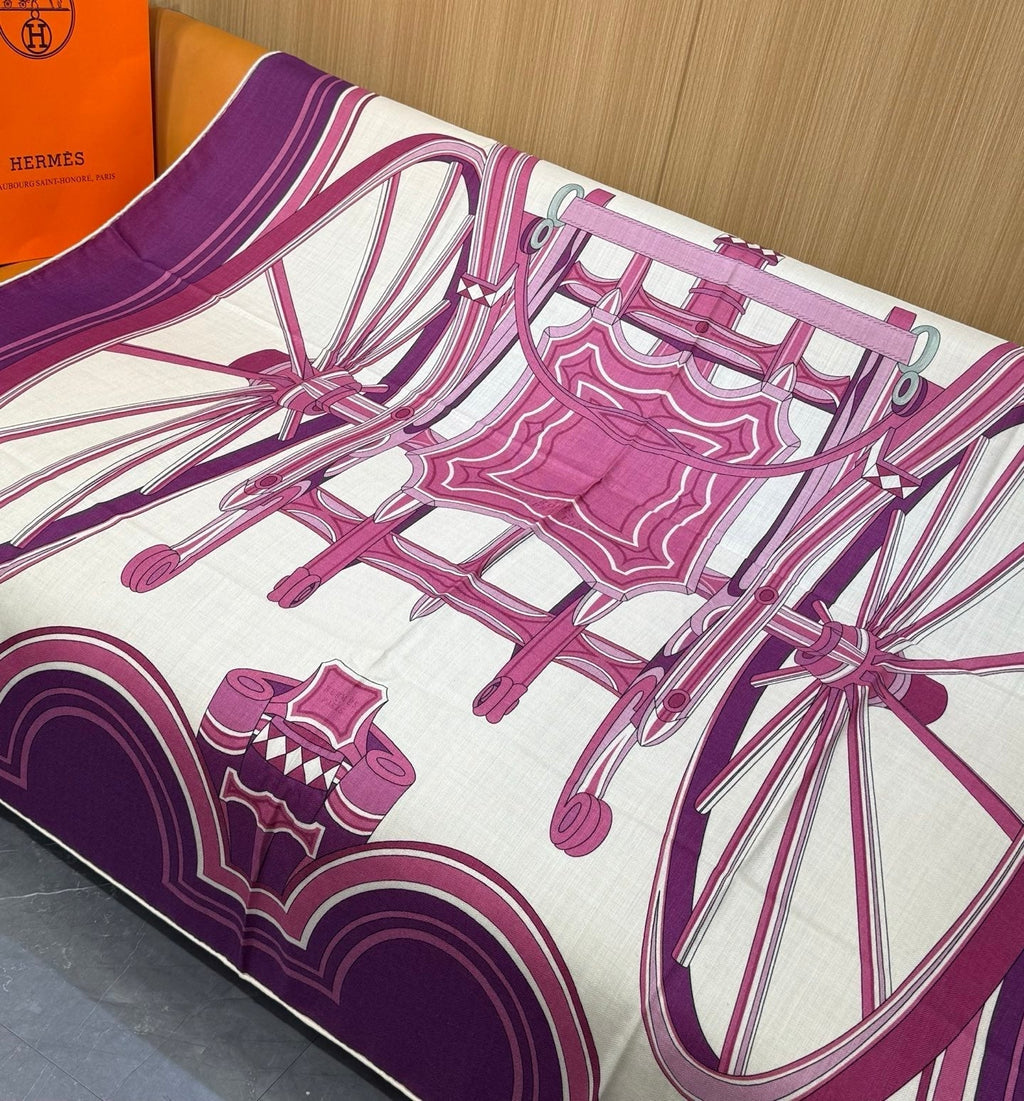 HM Les Roues de Phaeton Scarf 140x140cm Purple White Silk Cashmere 269477