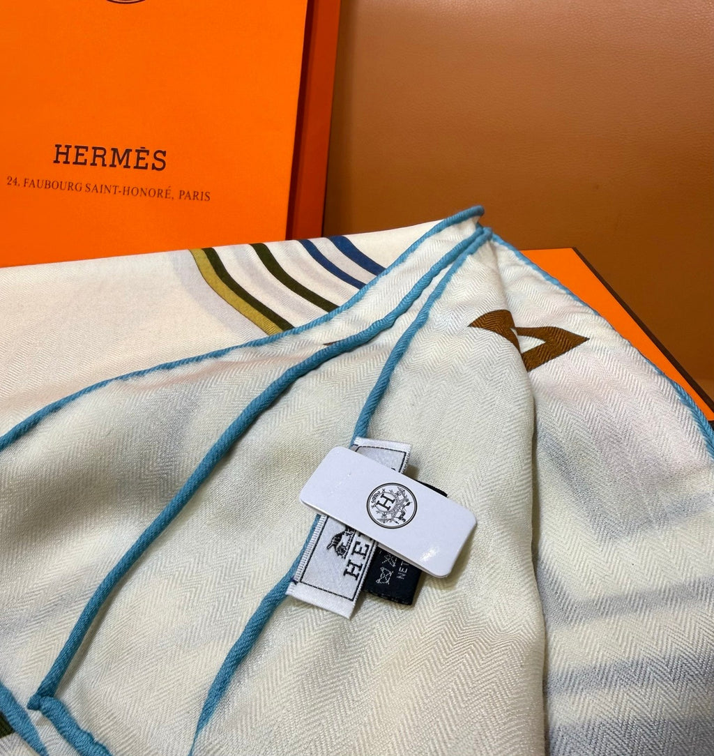 HM Les Roues de Phaeton Scarf 140x140cm Blue White Silk Cashmere 269476