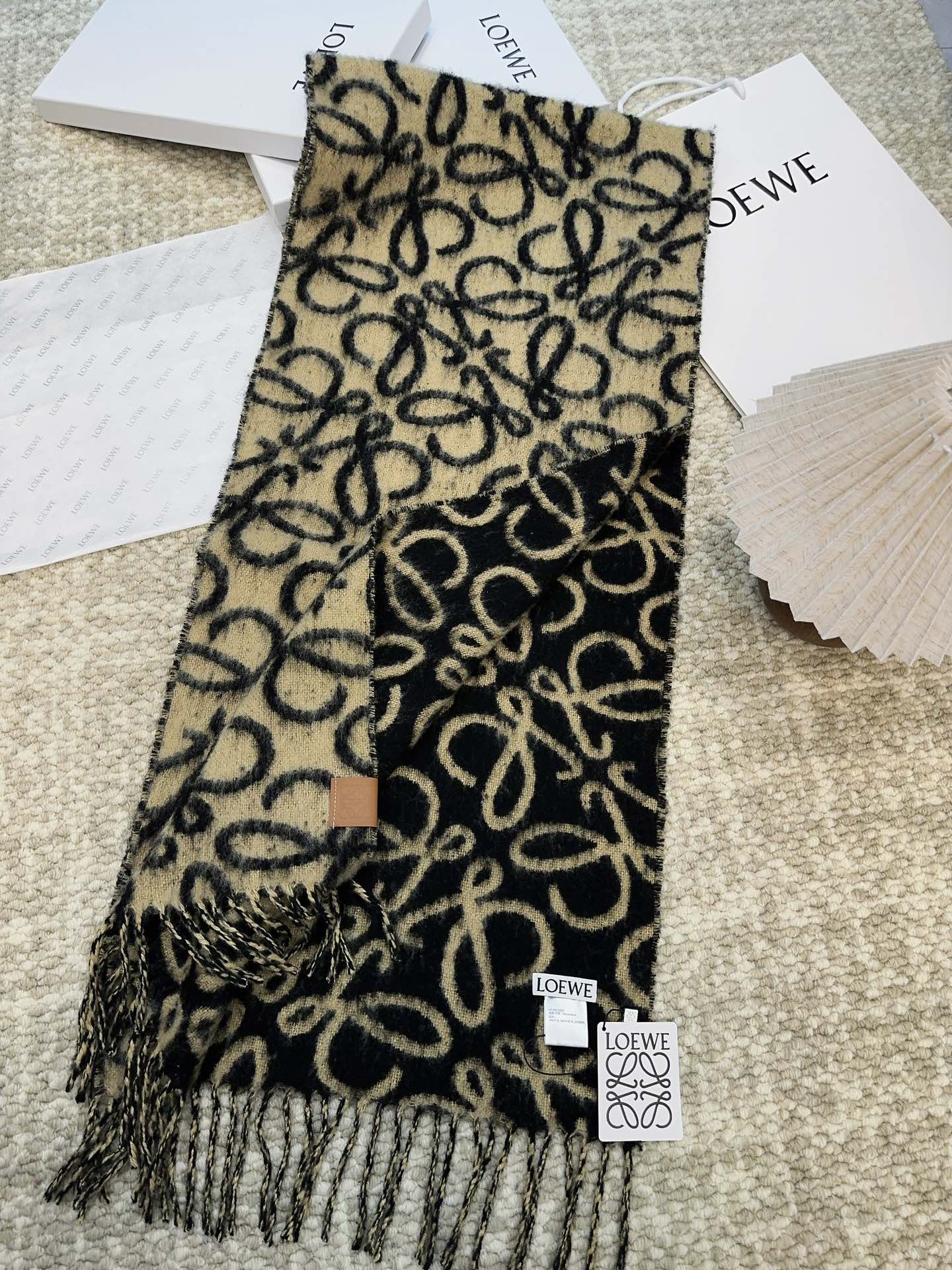 Loewe Scarf 180CM Black Beige Wool Cashmere 968582