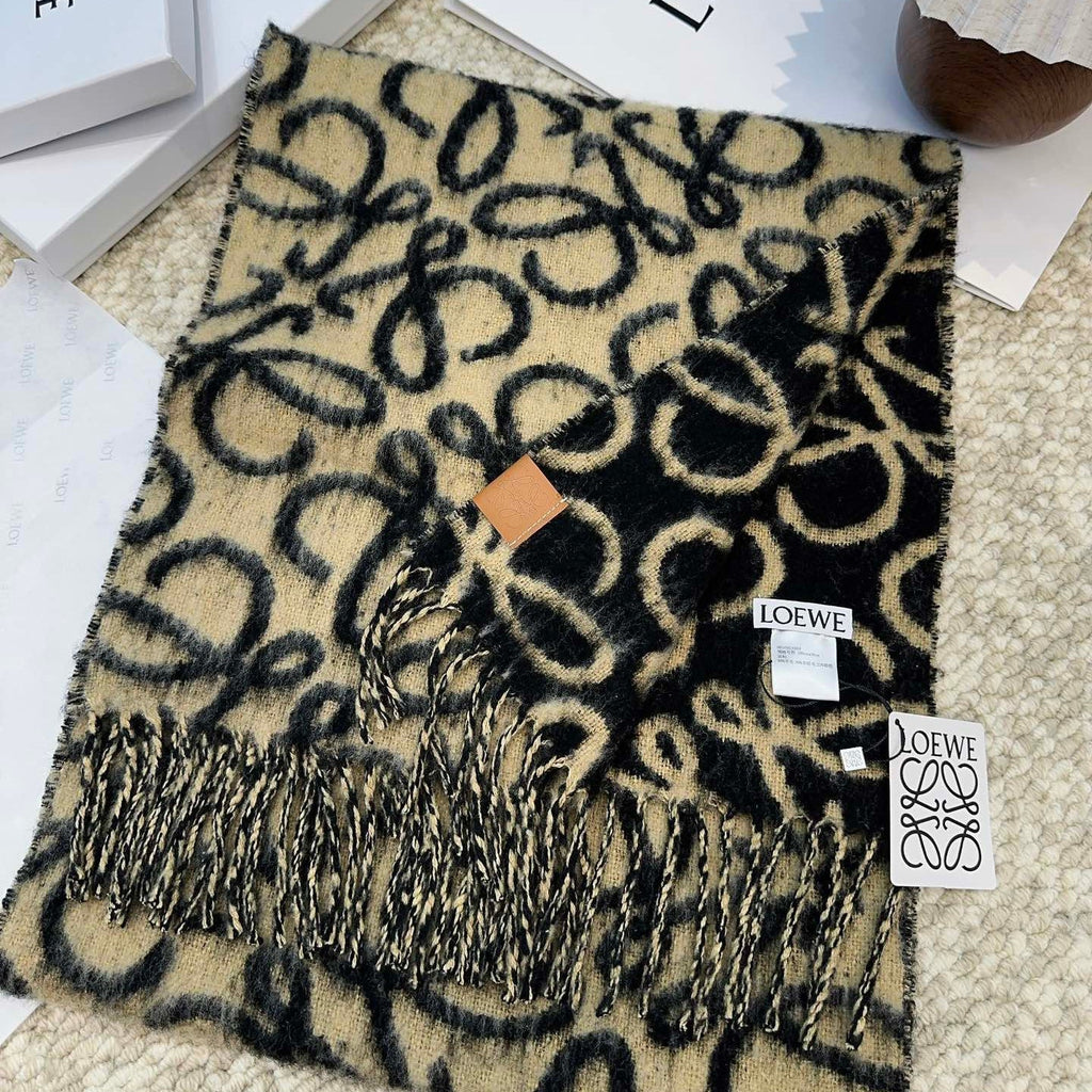Loewe Scarf 180CM Black Beige Wool Cashmere 968582