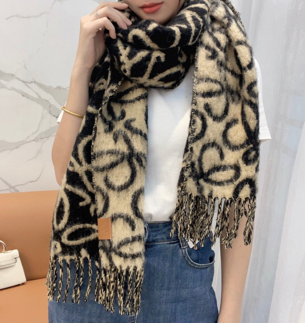 Loewe Scarf 180CM Black Beige Wool Cashmere 968582