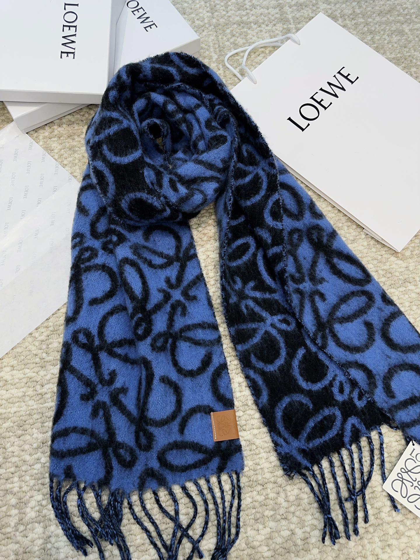 Loewe Scarf 180CM Dark Blue Black Wool Cashmere 968583