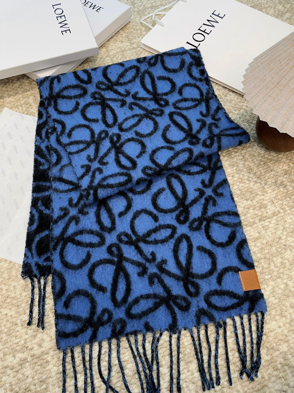 Loewe Scarf 180CM Dark Blue Black Wool Cashmere 968583
