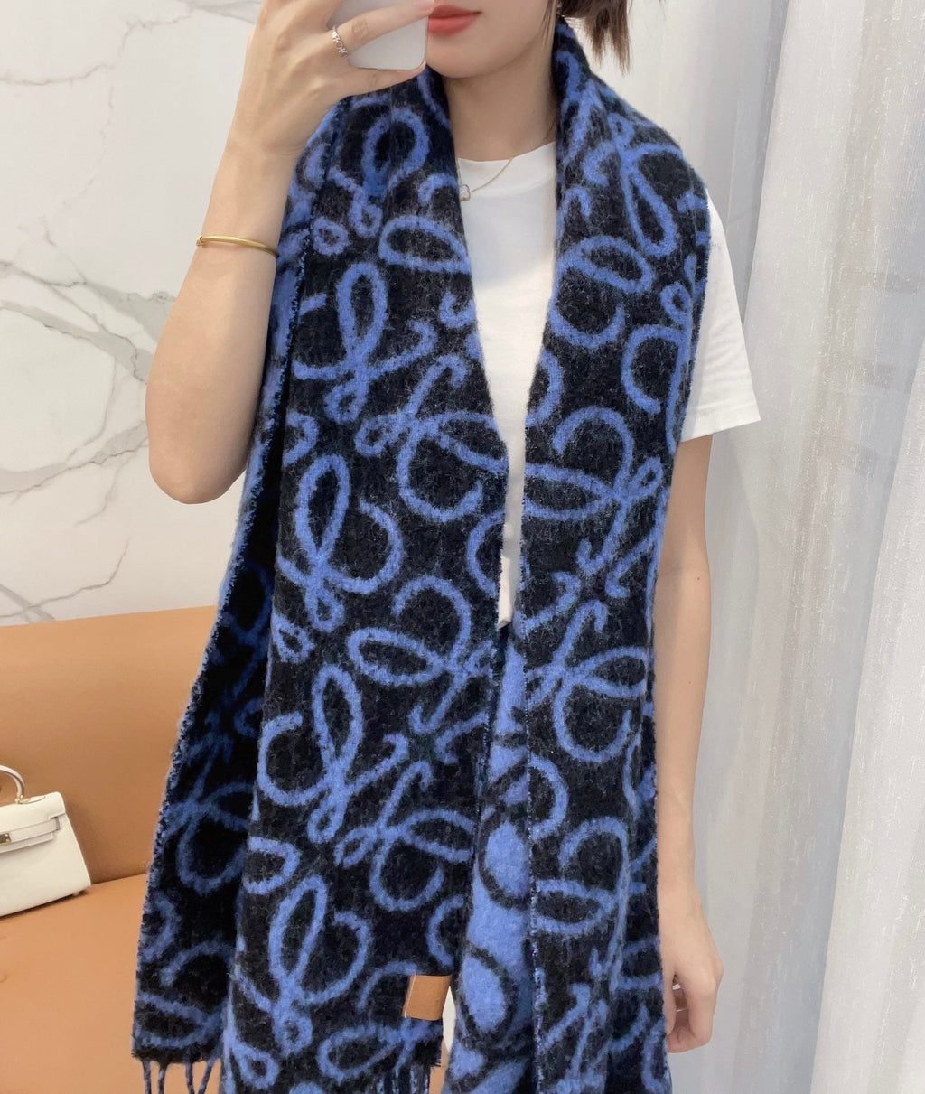 Loewe Scarf 180CM Dark Blue Black Wool Cashmere 968583