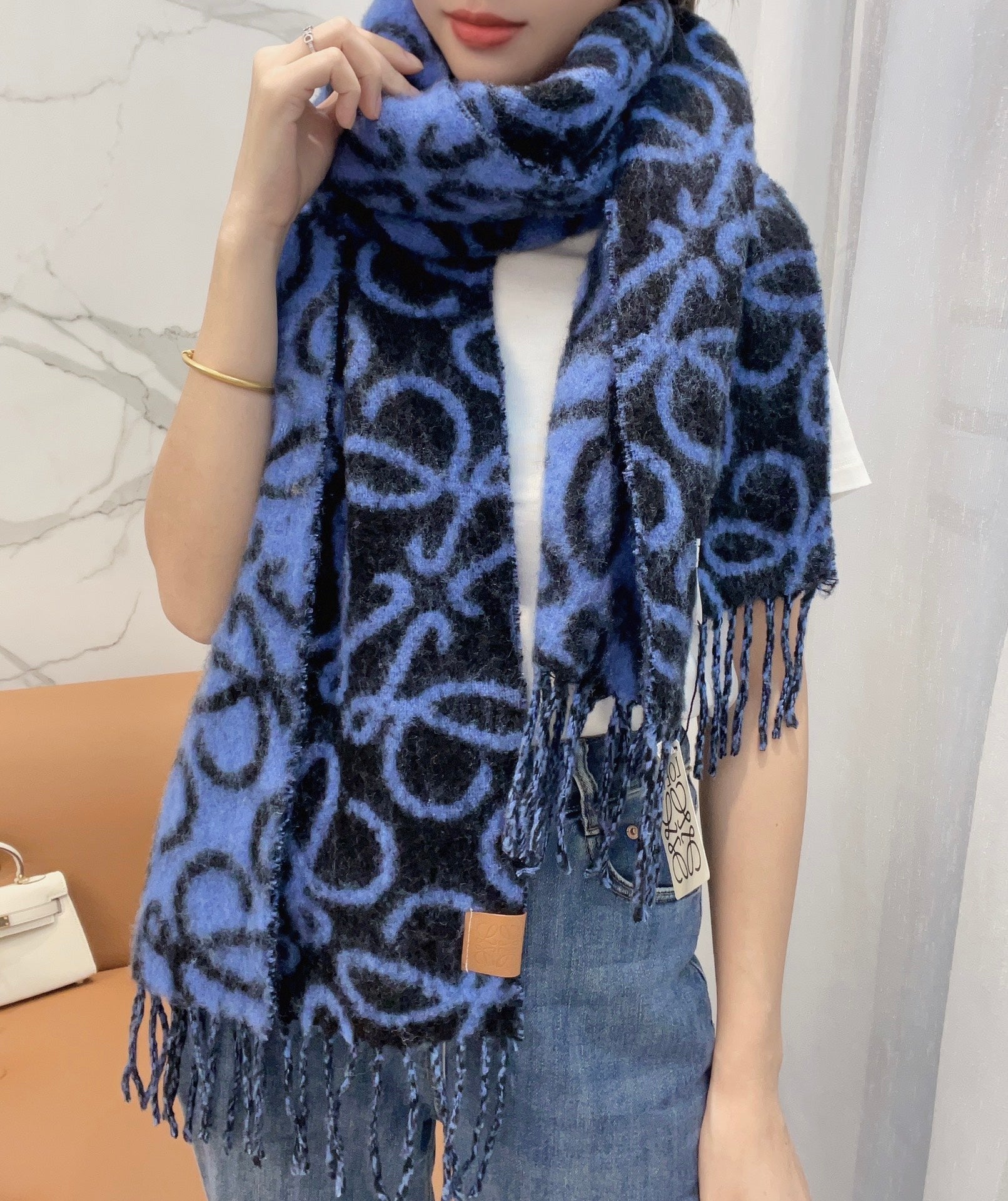 Loewe Scarf 180CM Dark Blue Black Wool Cashmere 968583
