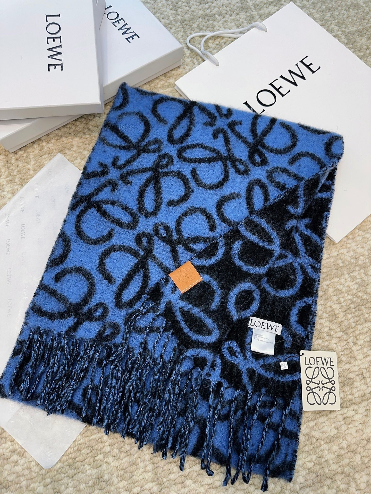 Loewe Scarf 180CM Dark Blue Black Wool Cashmere 968583