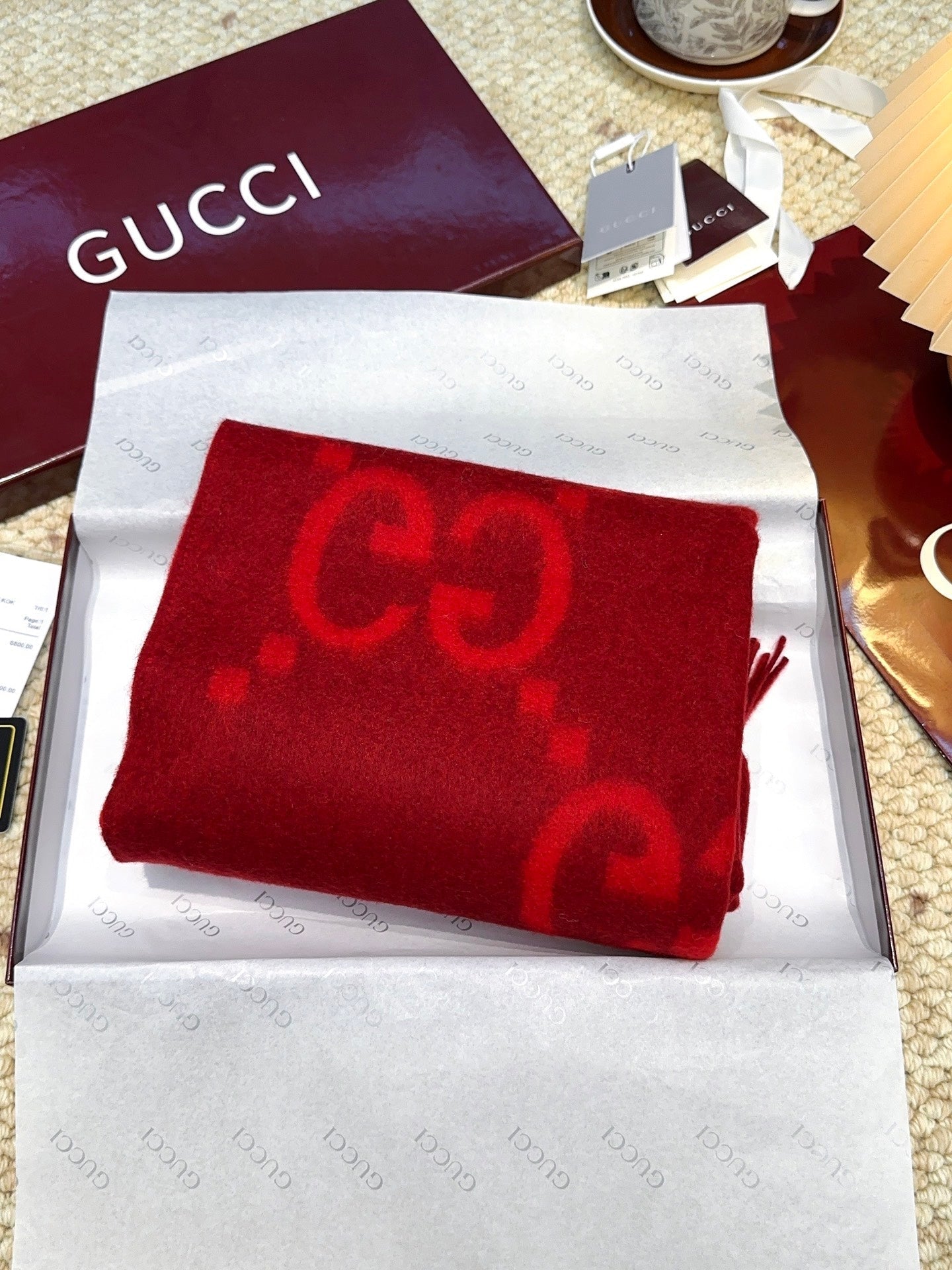 GG Double G Jacquard Scarf 200CM Red Wool 282789