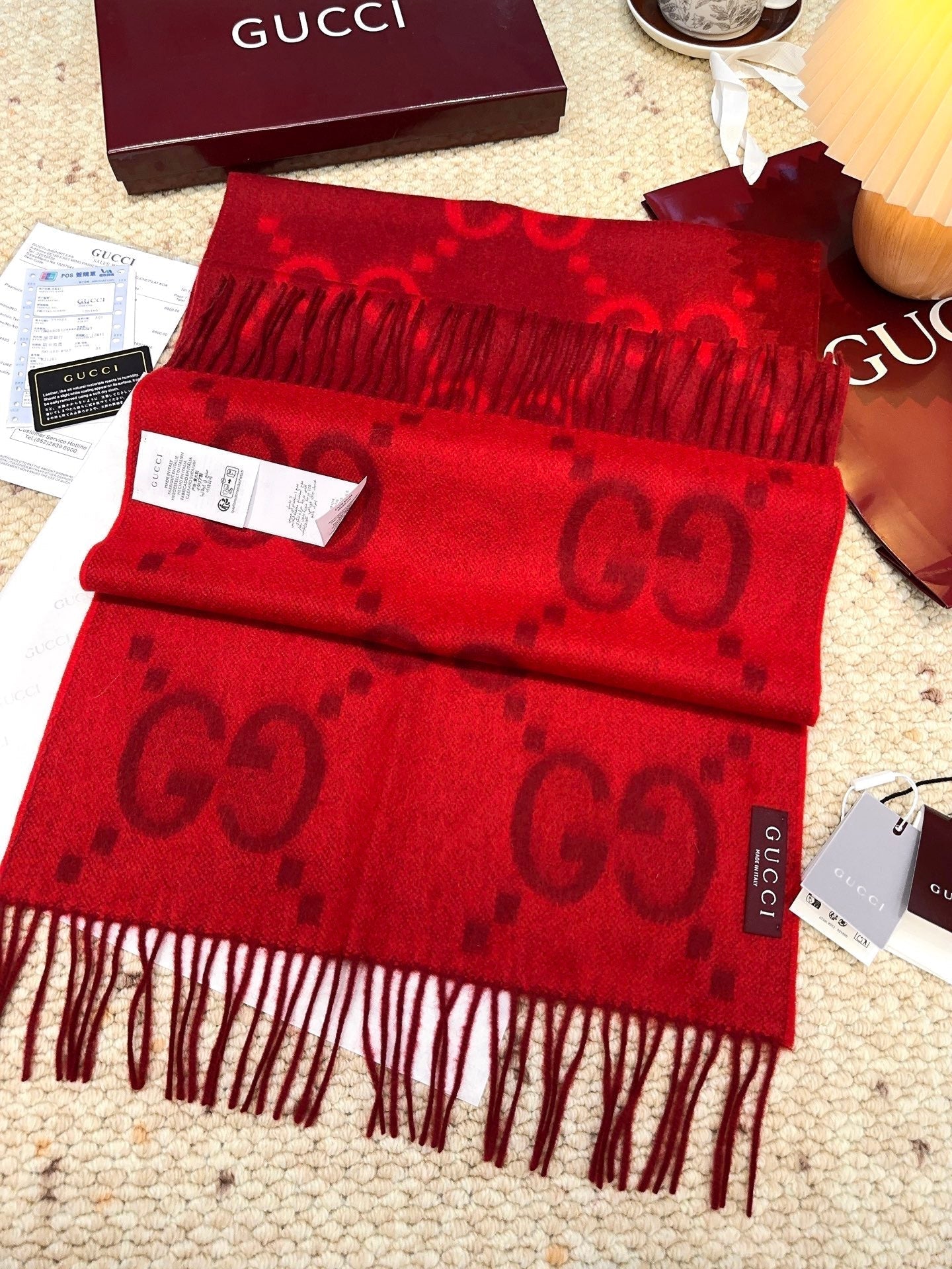 GG Double G Jacquard Scarf 200CM Red Wool 282789