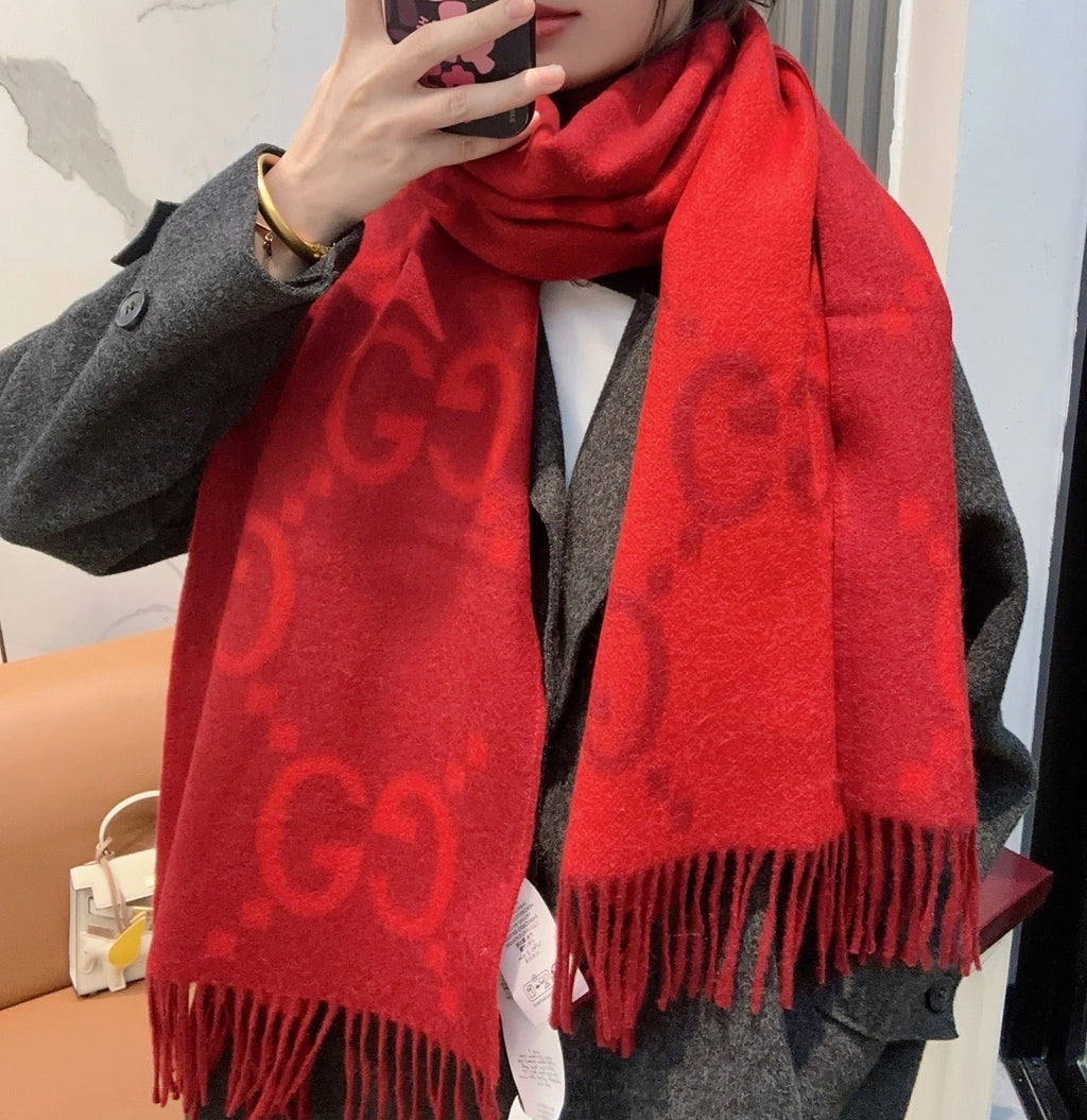 GG Double G Jacquard Scarf 200CM Red Wool 282789
