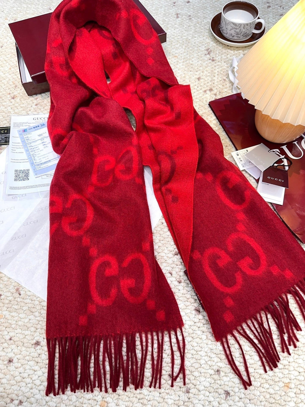 GG Double G Jacquard Scarf 200CM Red Wool 282789