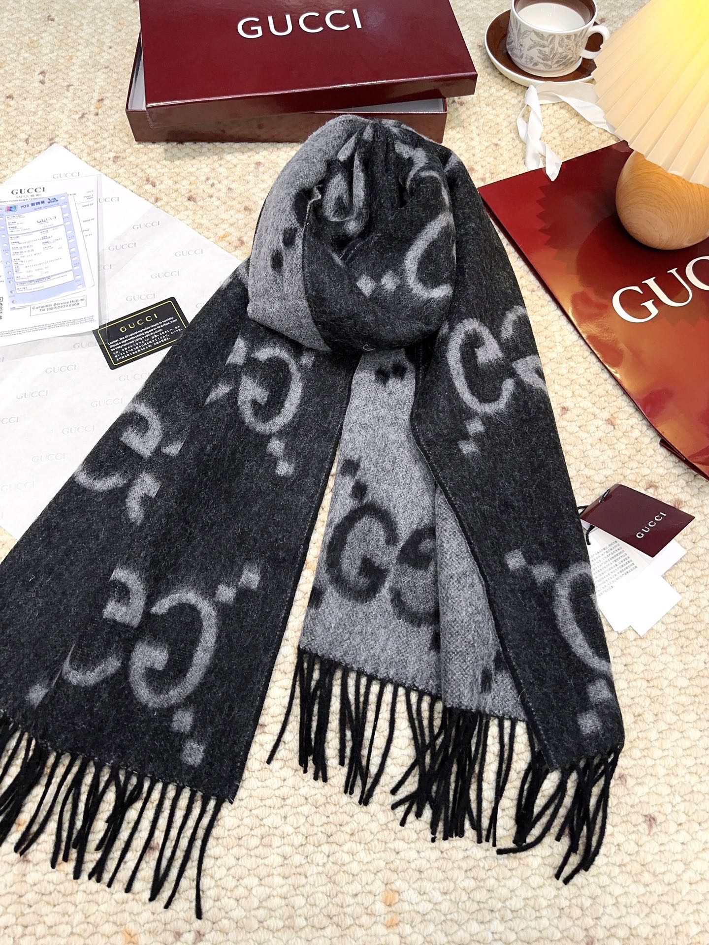 GG Double G Jacquard Scarf 200CM Black Wool 282790