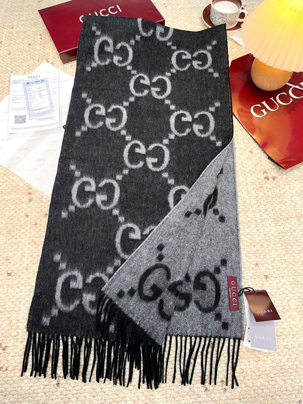 GG Double G Jacquard Scarf 200CM Black Wool 282790