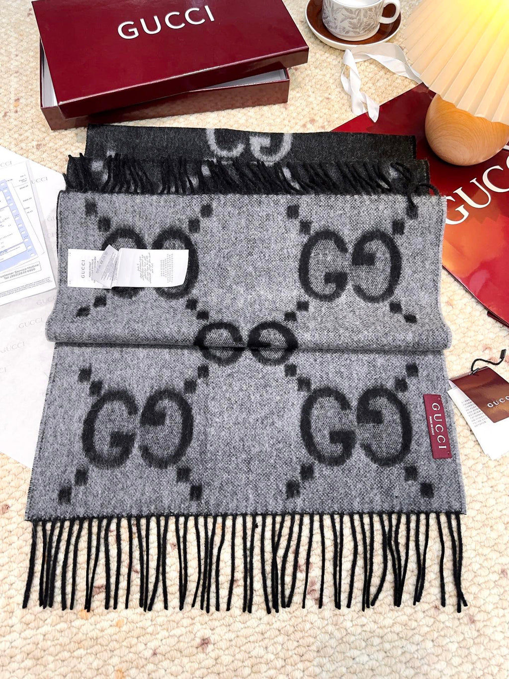 GG Double G Jacquard Scarf 200CM Black Wool 282790