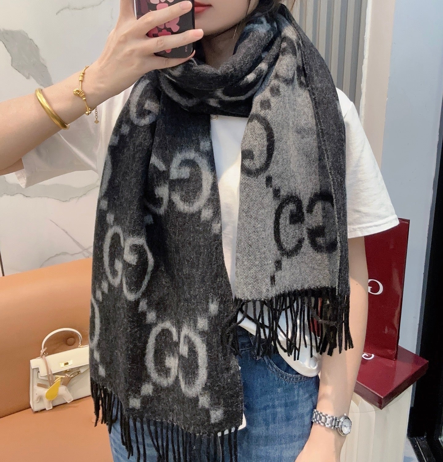 GG Double G Jacquard Scarf 200CM Black Wool 282790