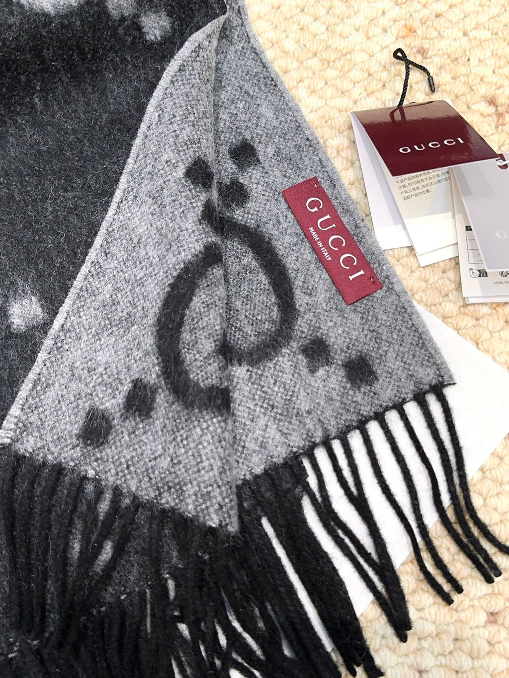 GG Double G Jacquard Scarf 200CM Black Wool 282790