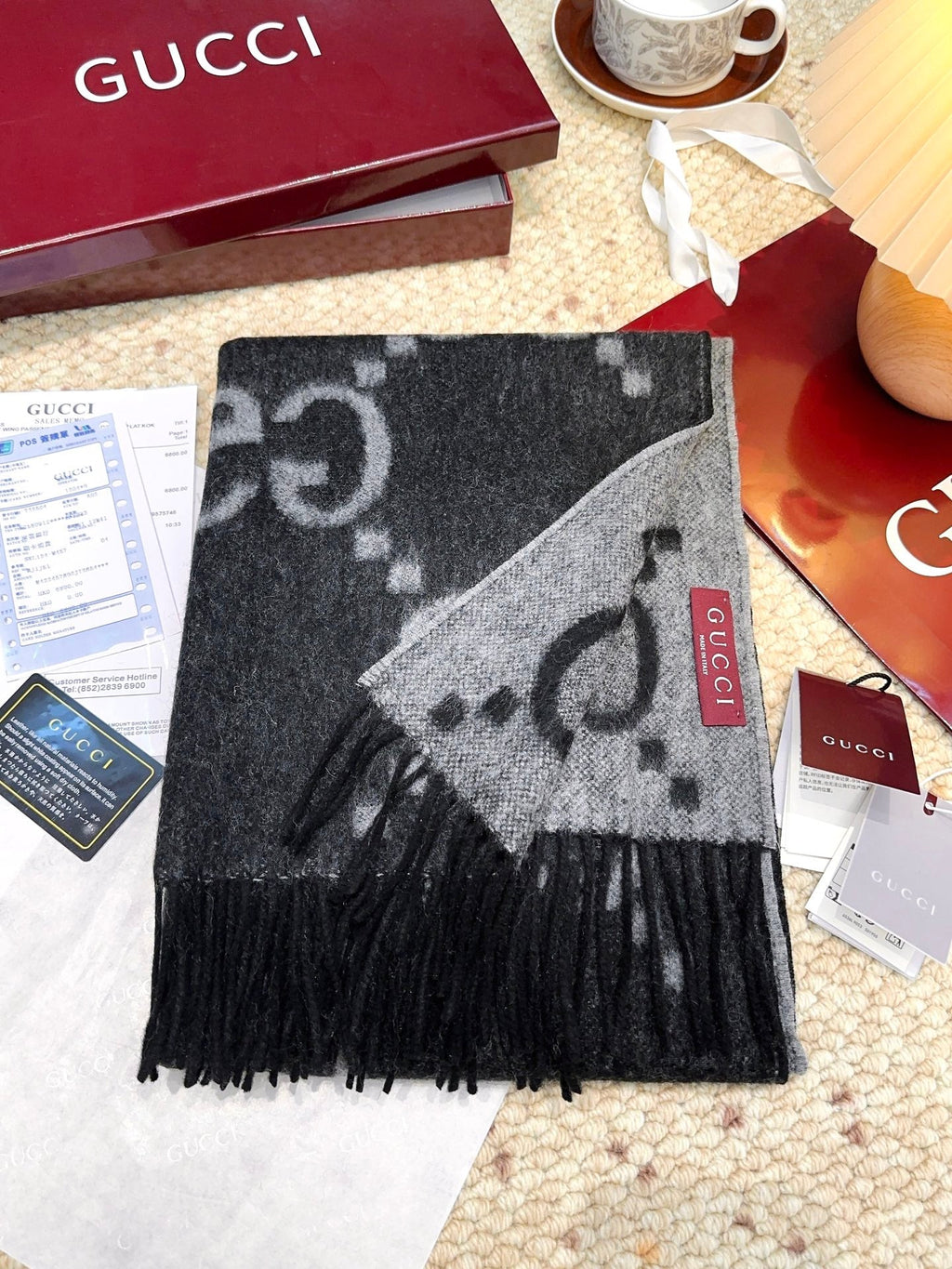 GG Double G Jacquard Scarf 200CM Black Wool 282790
