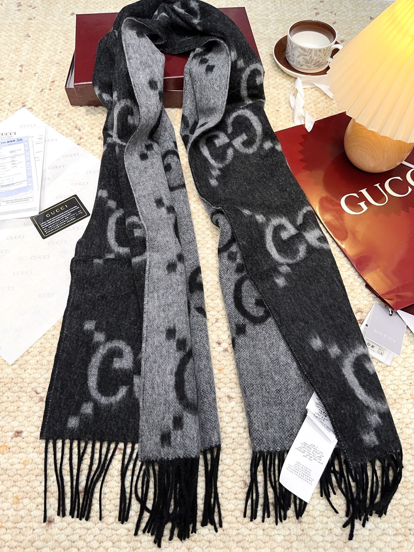 GG Double G Jacquard Scarf 200CM Black Wool 282790