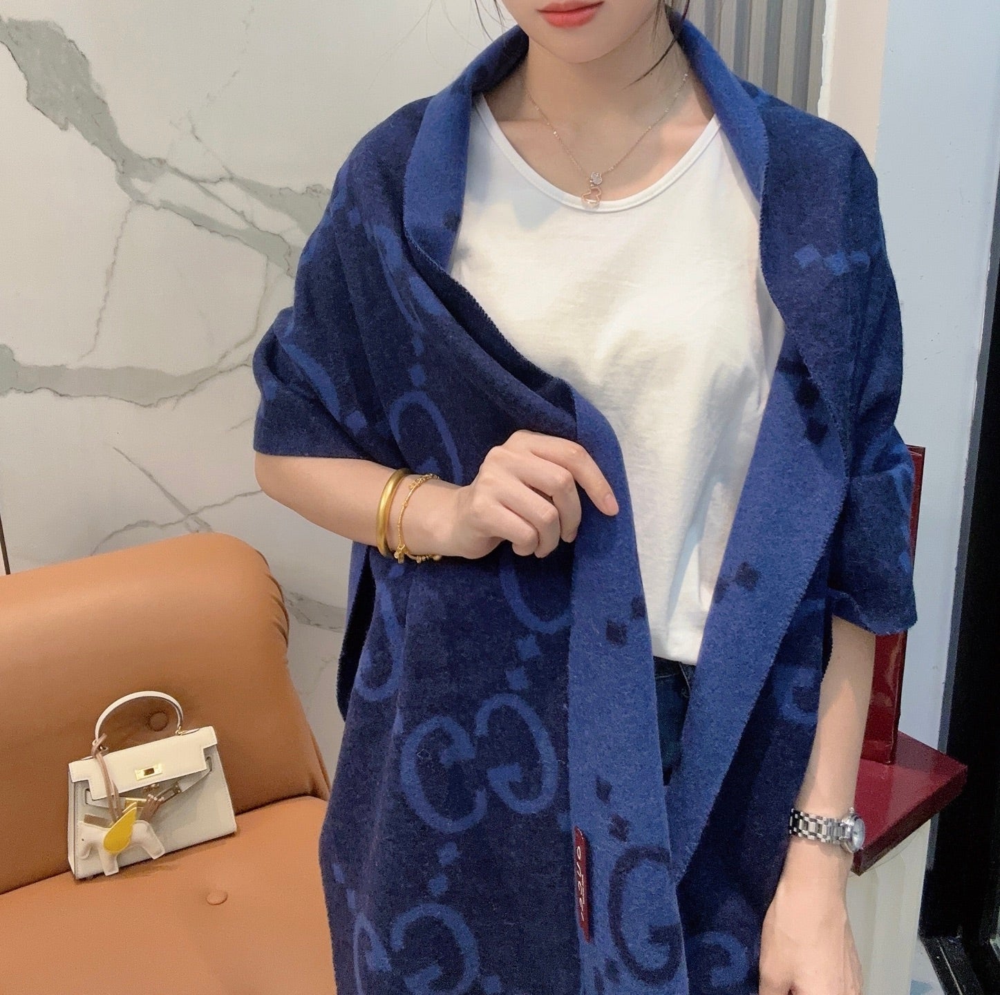 GG Double G Jacquard Scarf 200CM Blue Black Wool 282791