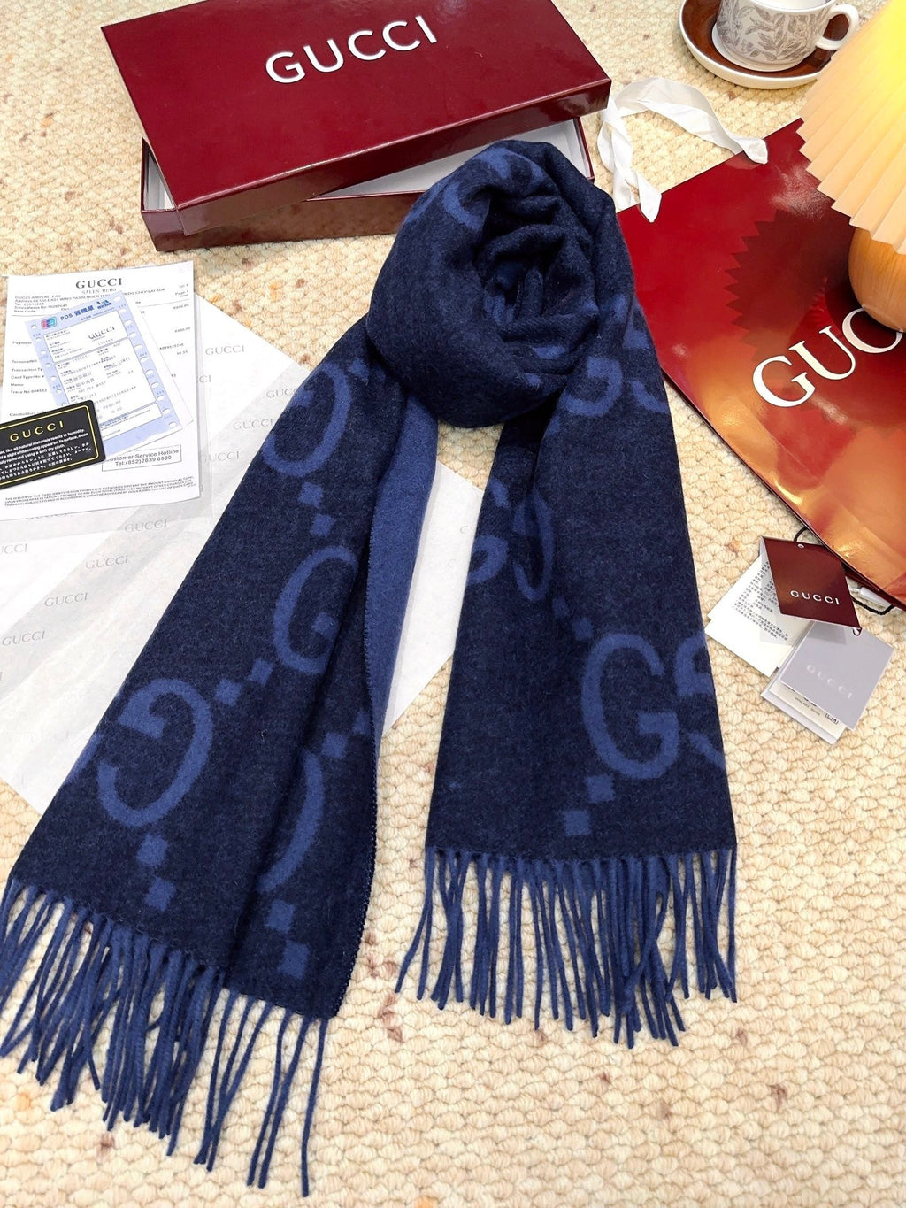 GG Double G Jacquard Scarf 200CM Blue Black Wool 282791