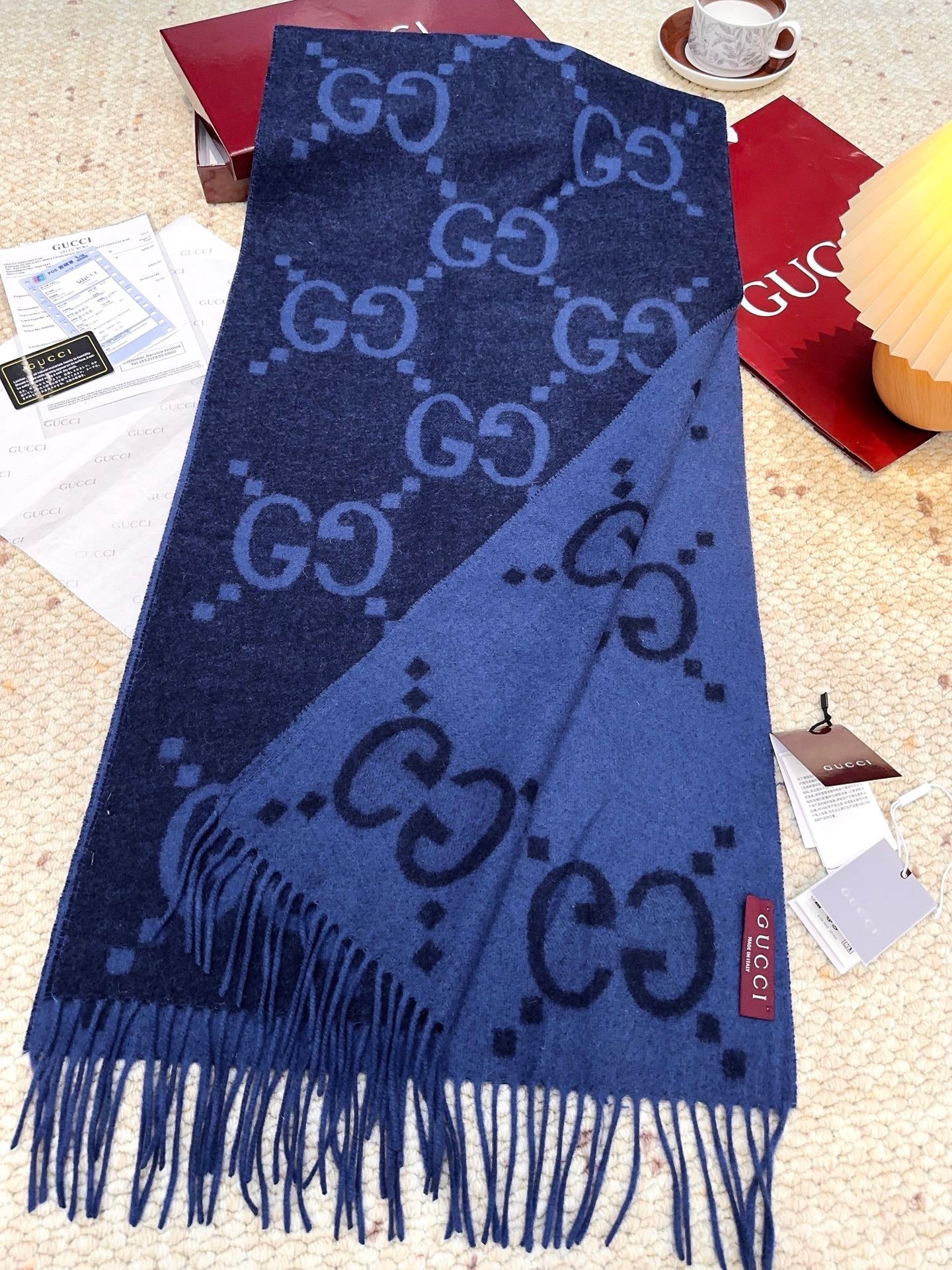 GG Double G Jacquard Scarf 200CM Blue Black Wool 282791