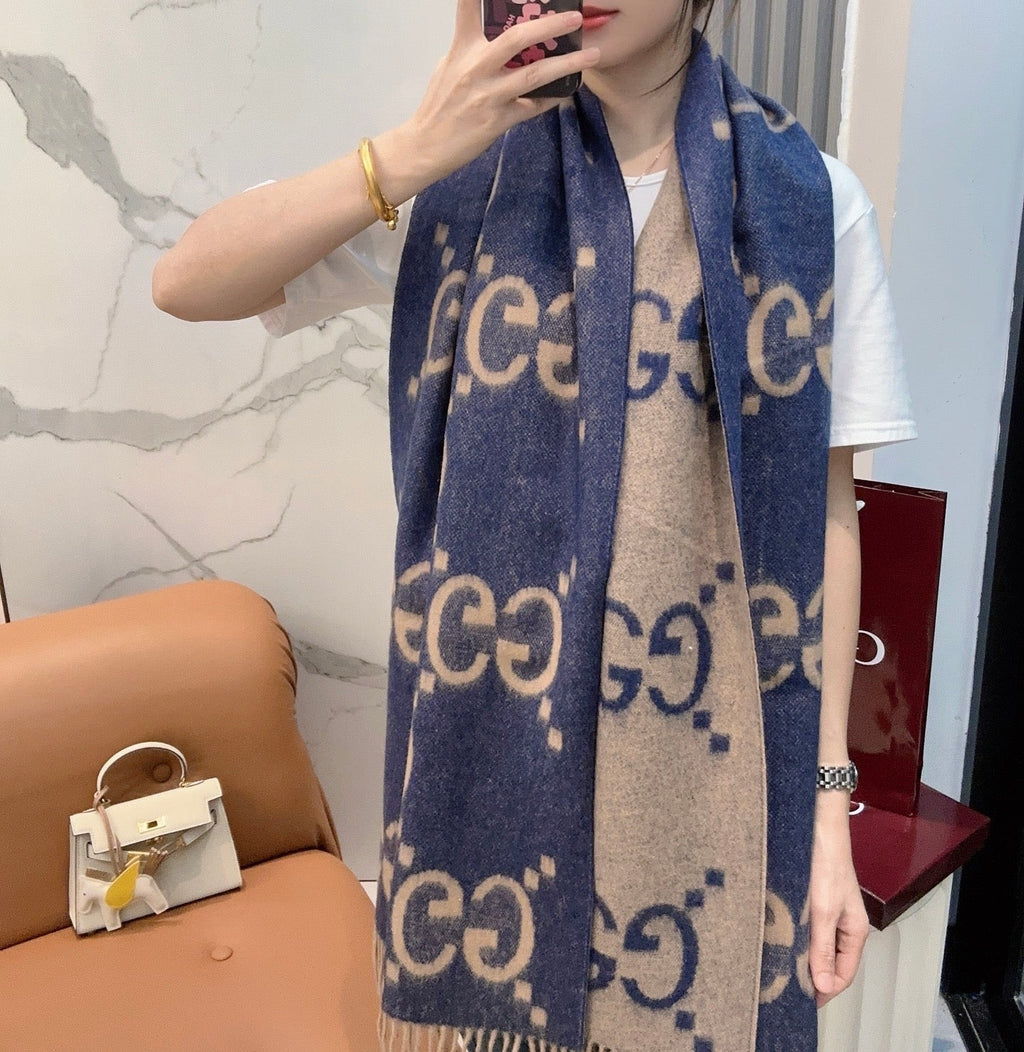 GG Double G Jacquard Scarf 200CM Blue Beige Wool 282792