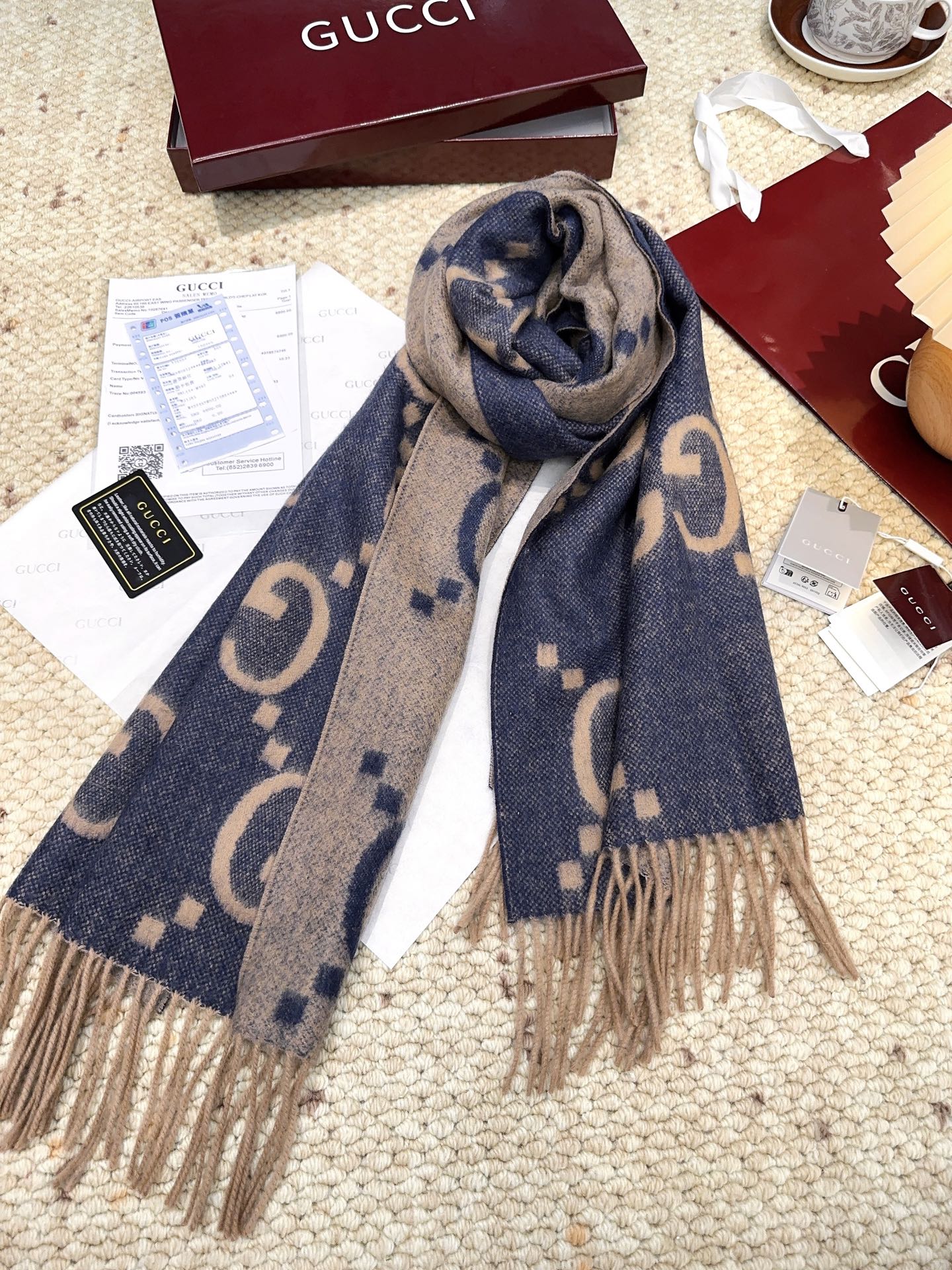 GG Double G Jacquard Scarf 200CM Blue Beige Wool 282792