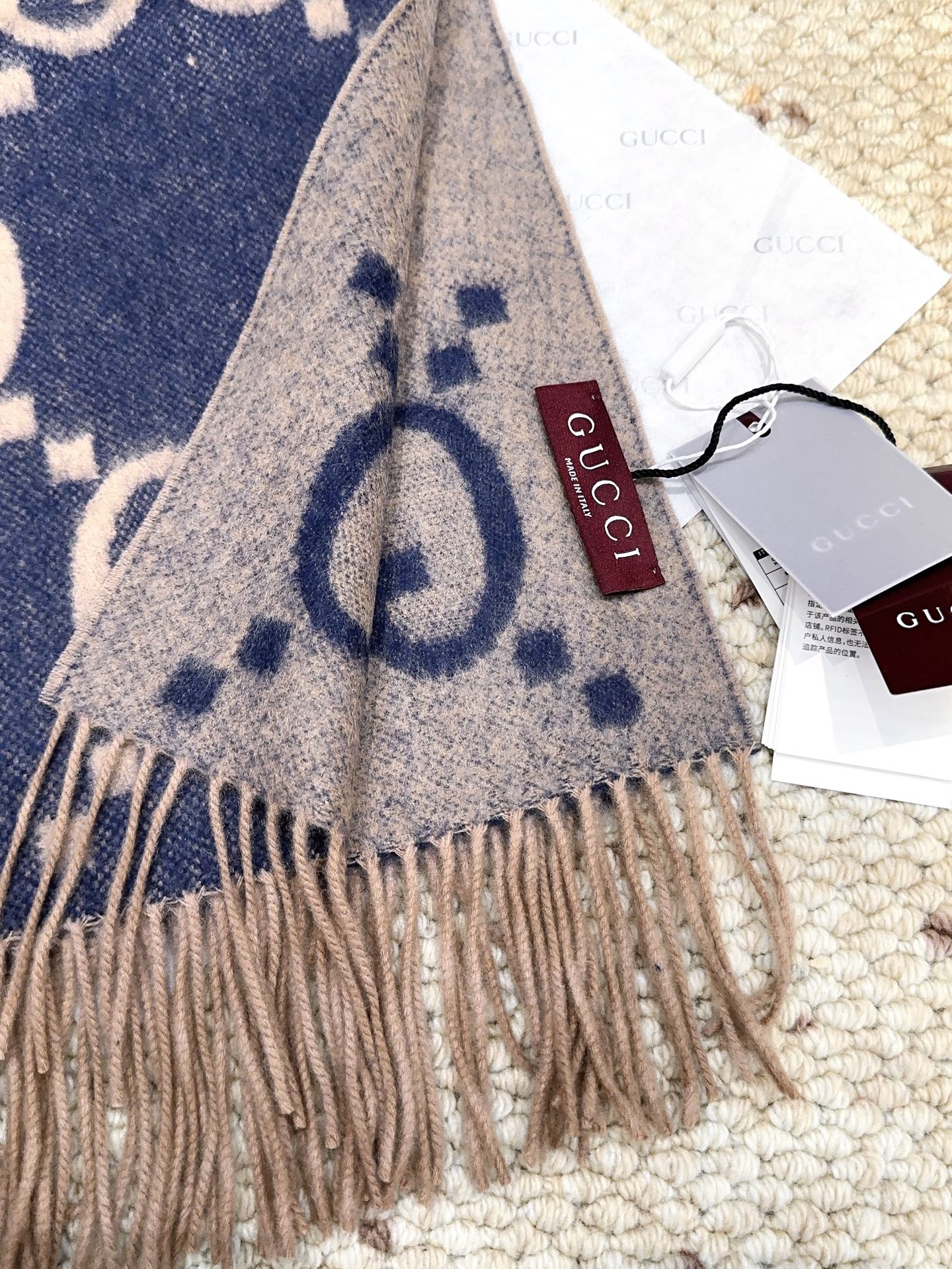 GG Double G Jacquard Scarf 200CM Blue Beige Wool 282792