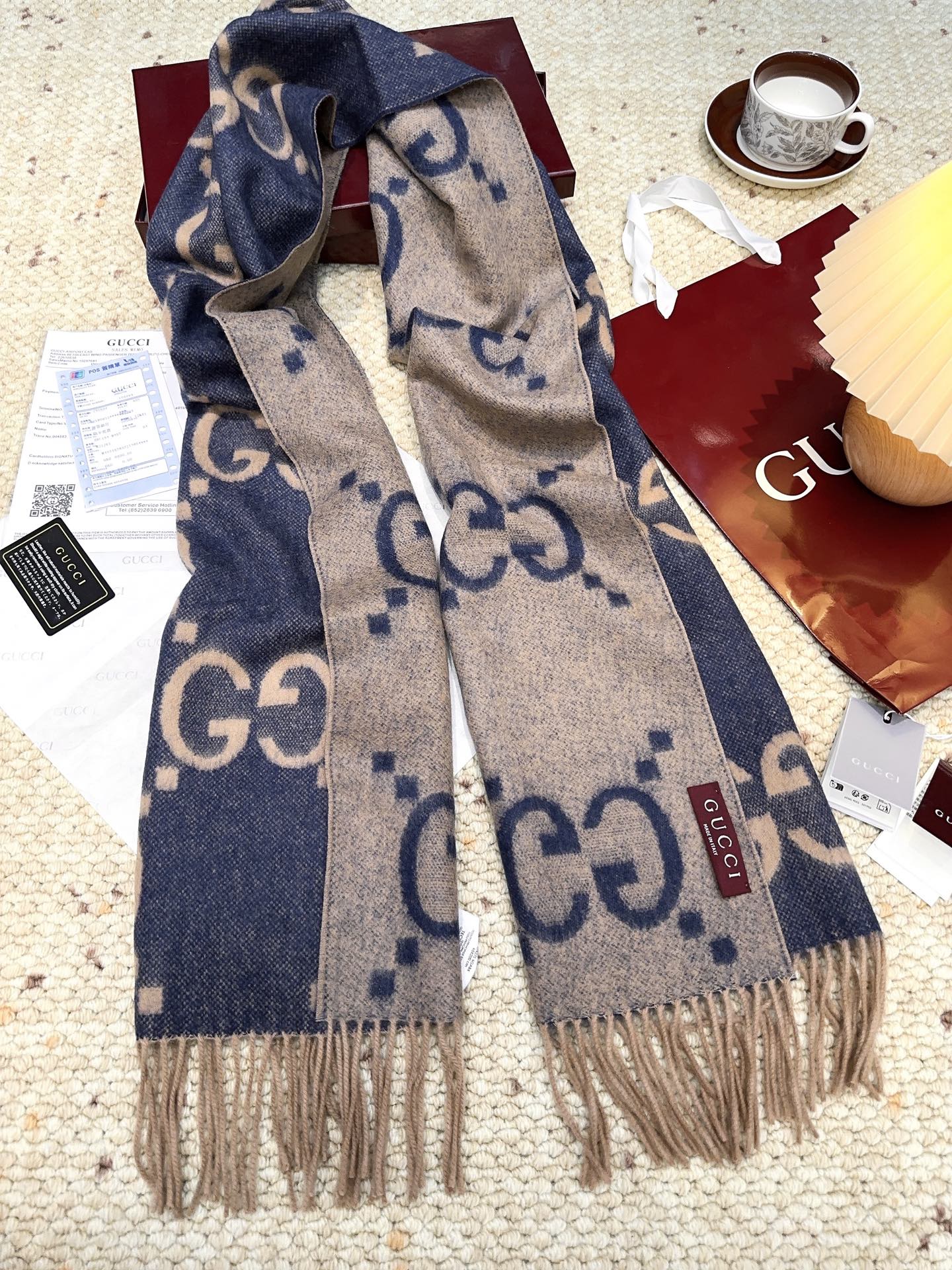 GG Double G Jacquard Scarf 200CM Blue Beige Wool 282792