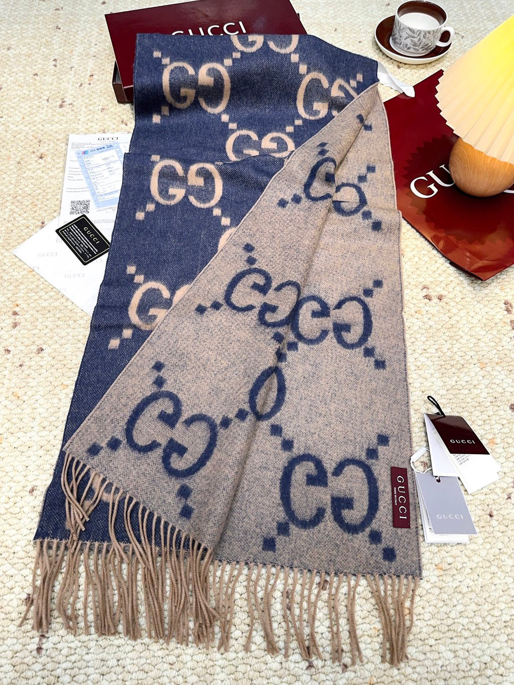 GG Double G Jacquard Scarf 200CM Blue Beige Wool 282792