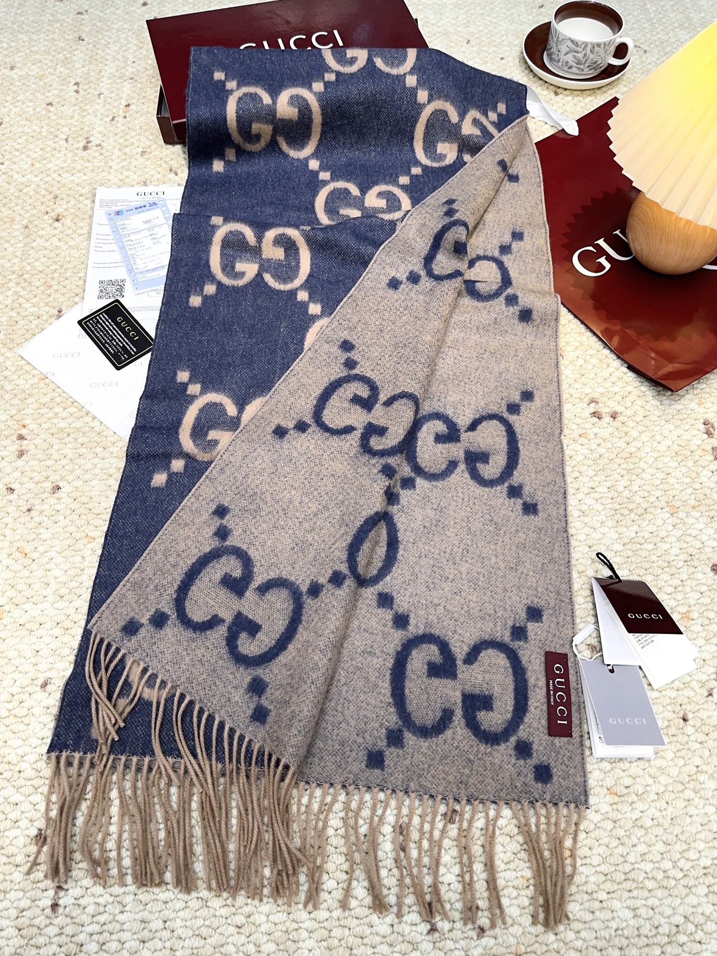 GG Double G Jacquard Scarf 200CM Blue Beige Wool 282792