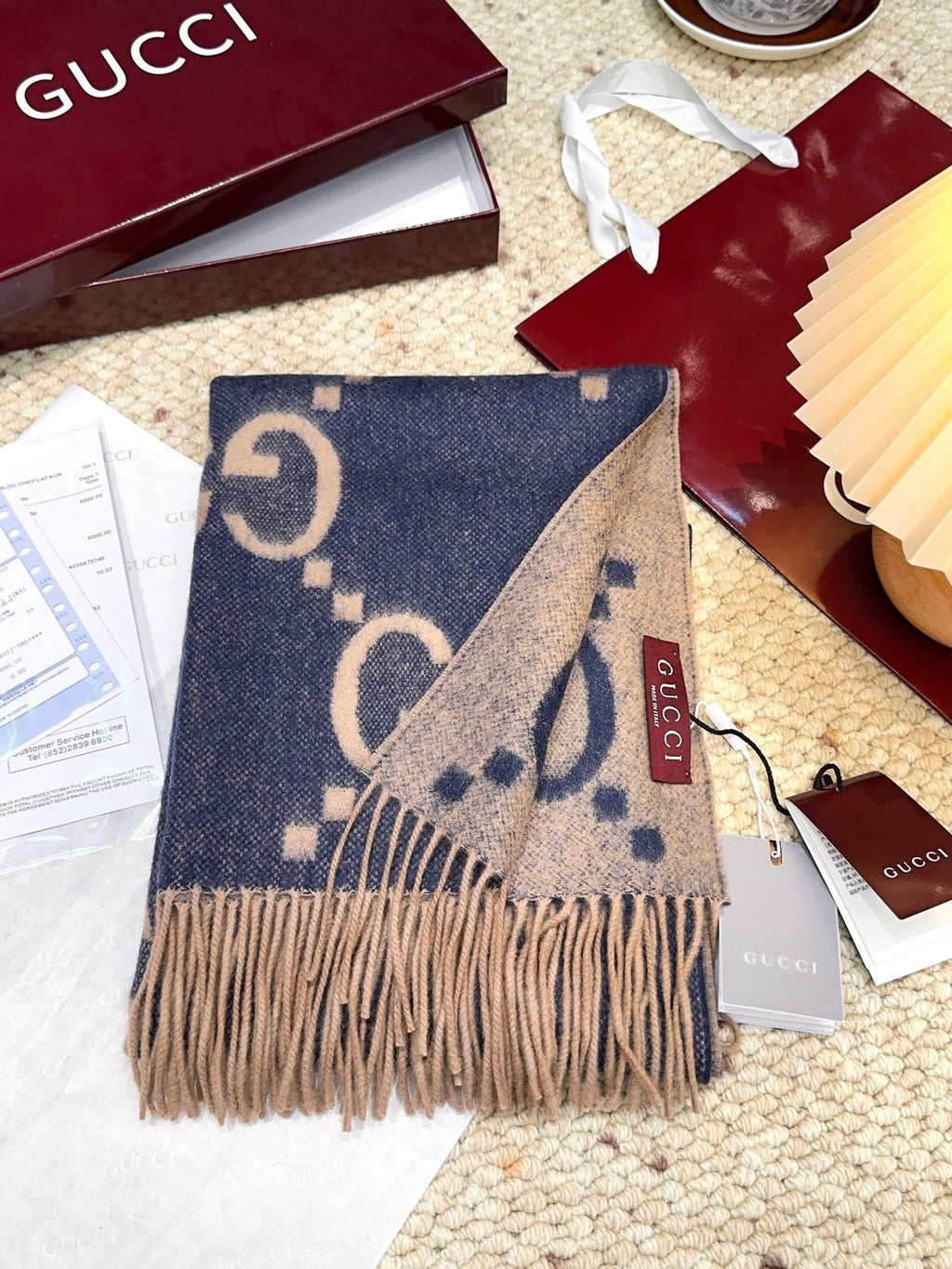 GG Double G Jacquard Scarf 200CM Blue Beige Wool 282792