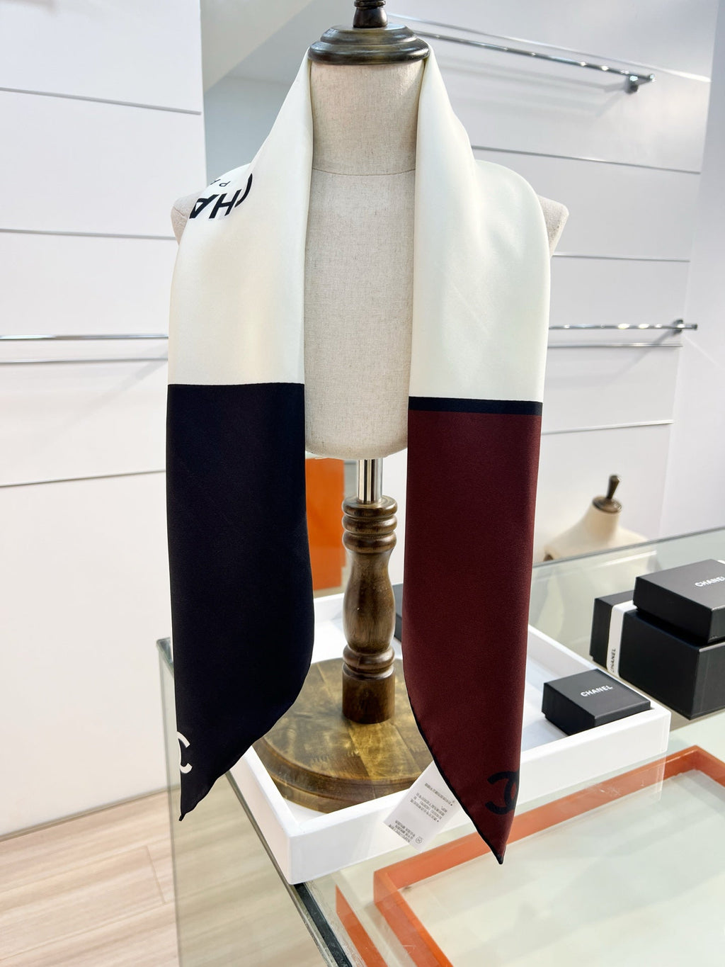 CC Scarf 90x90 Ecru, Beige, Burgundy & Black Silk Twill 204025
