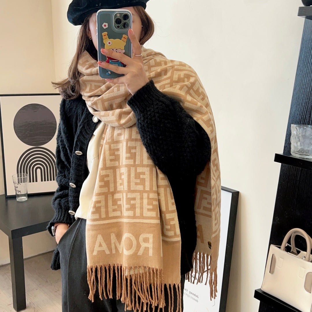 FF Jacquard 180CM Scarf Beige Wool 103631