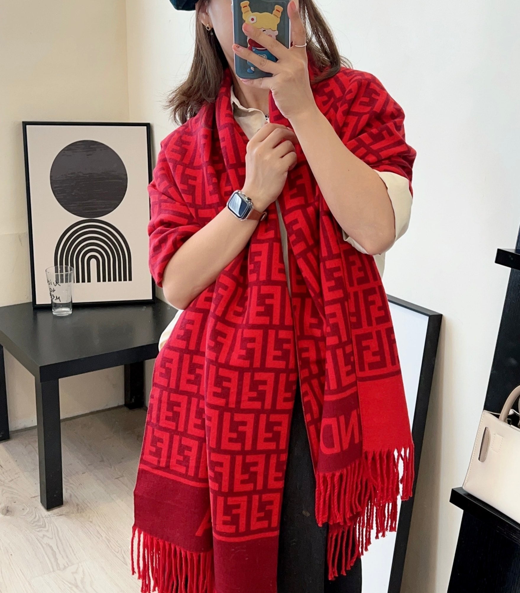 FF Jacquard 180CM Scarf Red Wool 103630