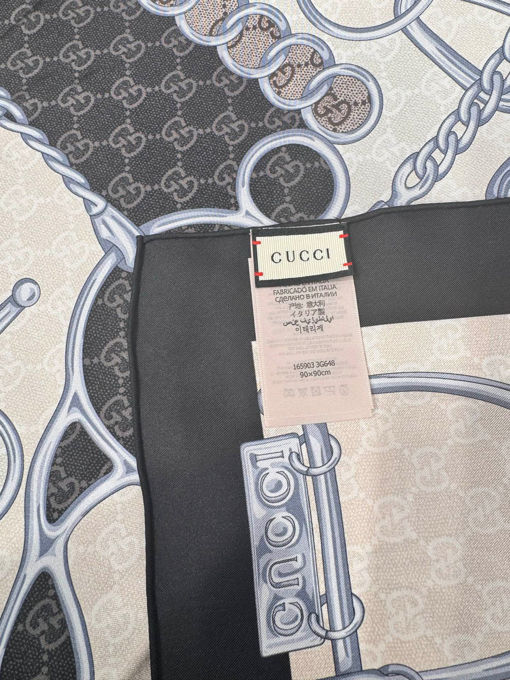GG Horsebit Scarf 90x90 Black Grey Colorful Silk Twill 203997