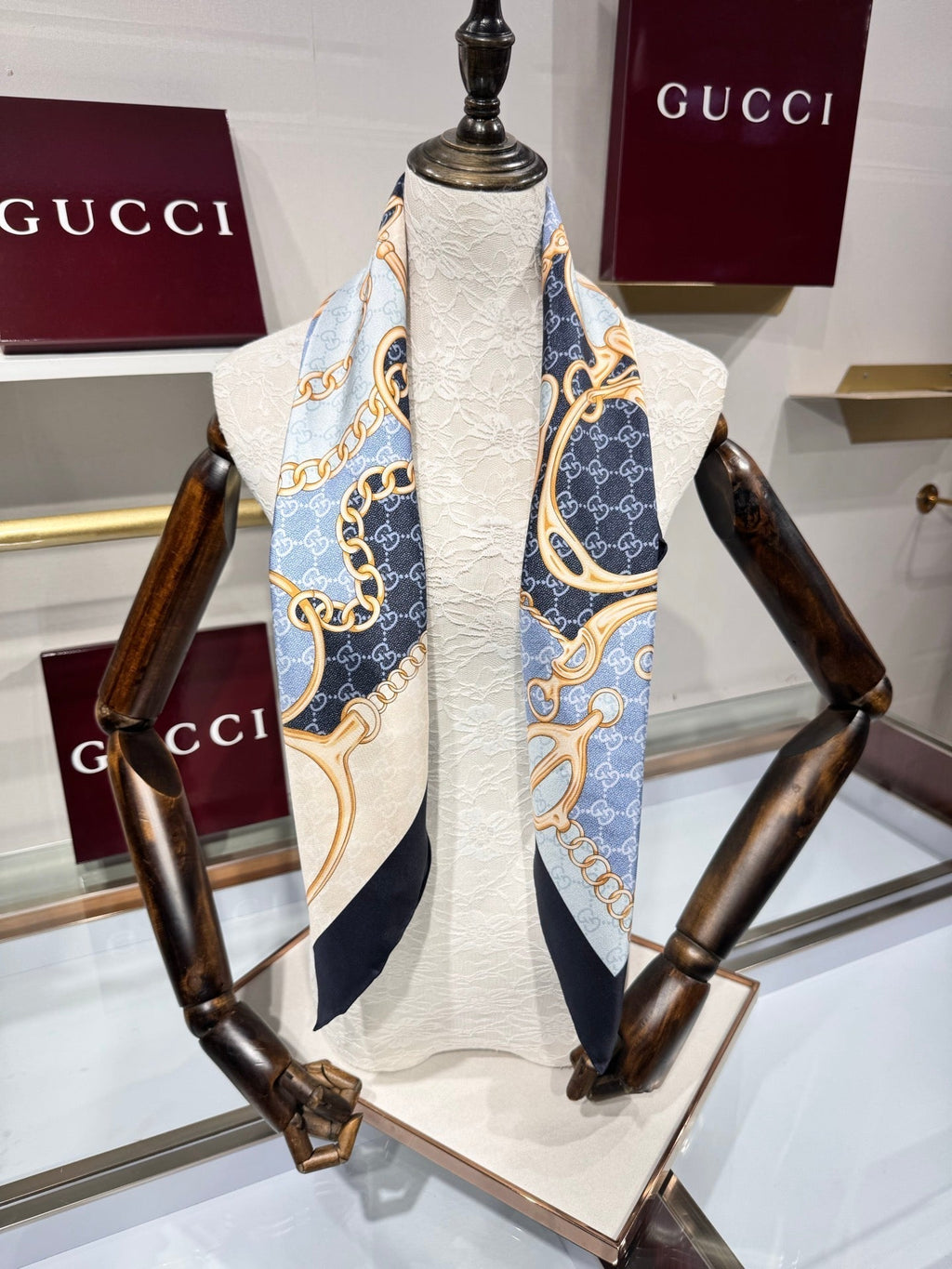 GG Horsebit Scarf 90x90 Black Blue Colorful Silk Twill 204000