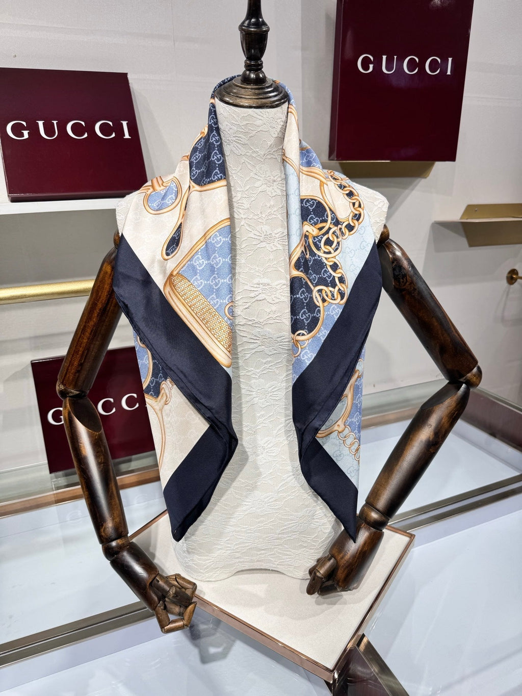 GG Horsebit Scarf 90x90 Black Blue Colorful Silk Twill 204000