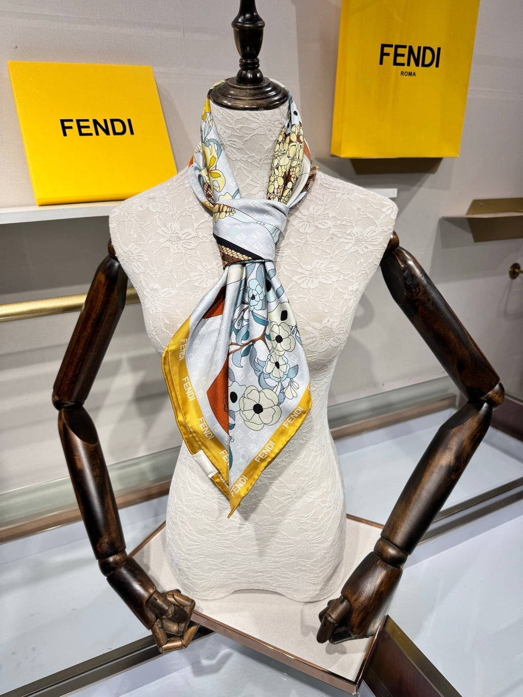 Fendi Gardening Foulard Scarf 90x90 Yellow Colorful Silk Twill 204004