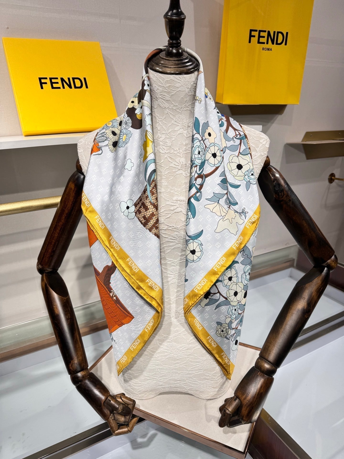 Fendi Gardening Foulard Scarf 90x90 Yellow Colorful Silk Twill 204004