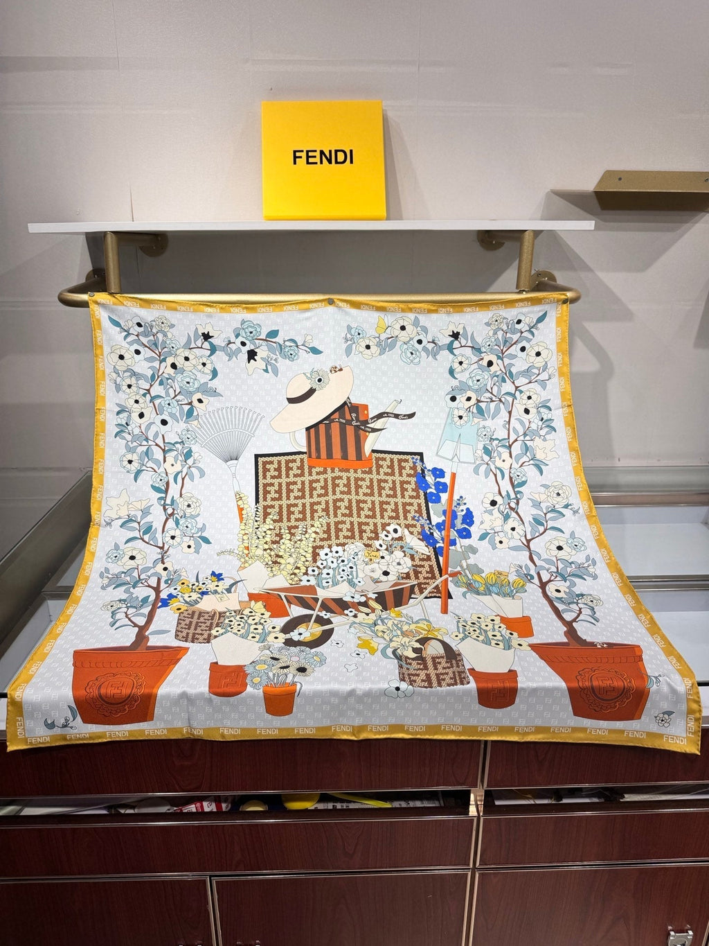 Fendi Gardening Foulard Scarf 90x90 Yellow Colorful Silk Twill 204004
