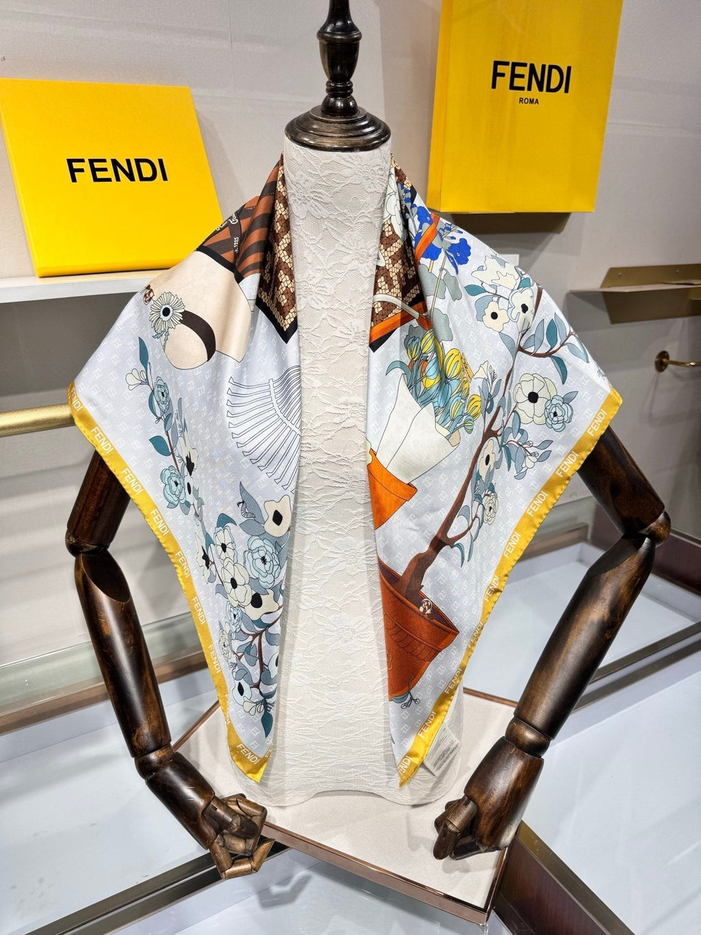 Fendi Gardening Foulard Scarf 90x90 Yellow Colorful Silk Twill 204004