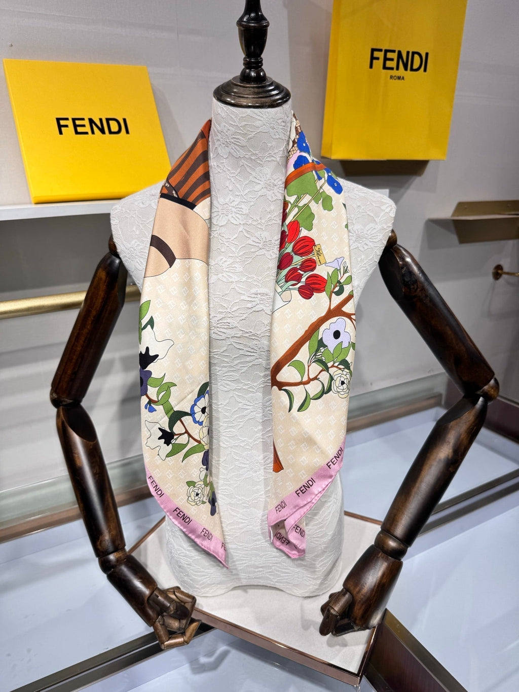 Fendi Gardening Foulard Scarf 90x90 Pink Colorful Silk Twill 204007