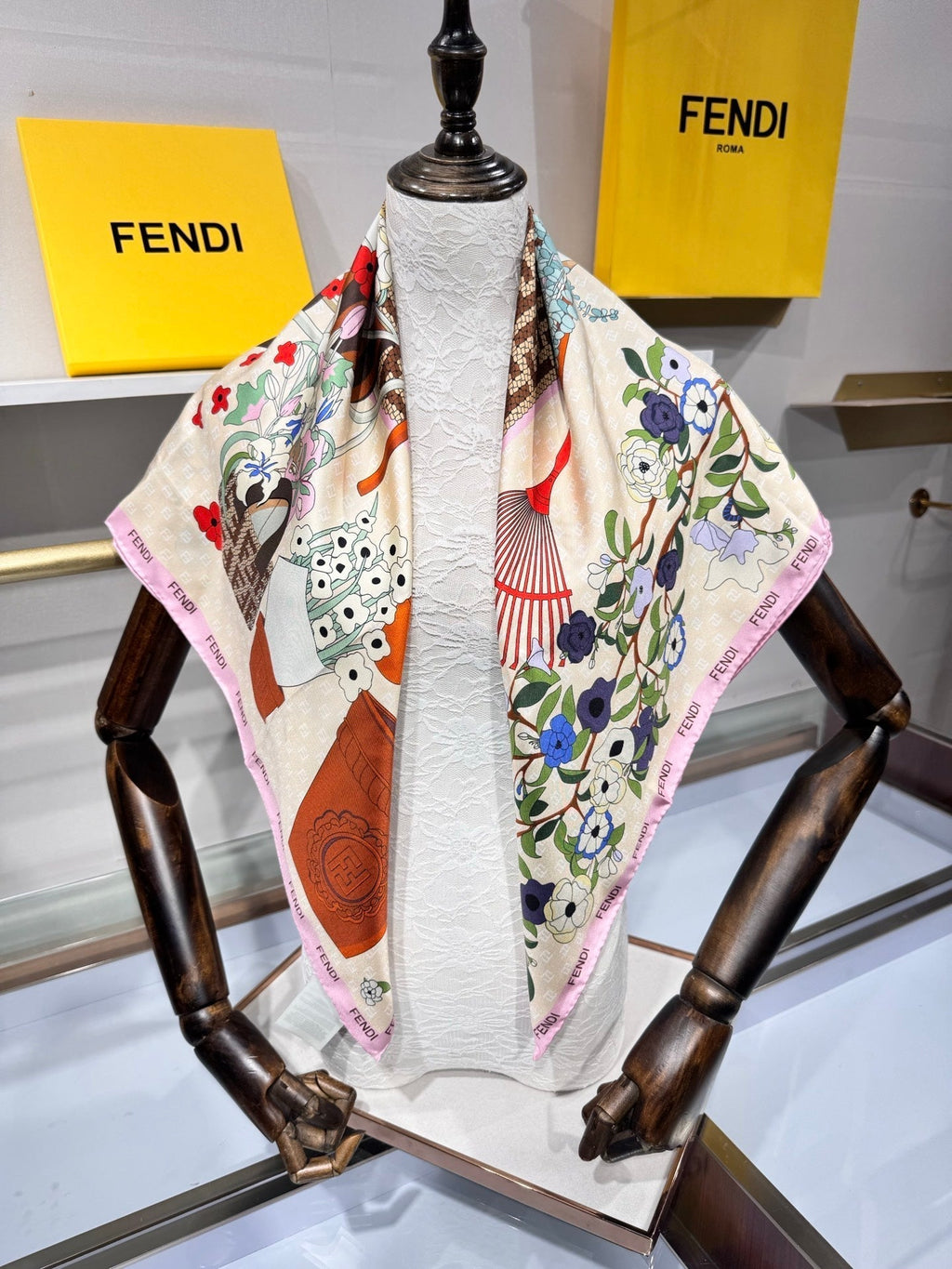 Fendi Gardening Foulard Scarf 90x90 Pink Colorful Silk Twill 204007