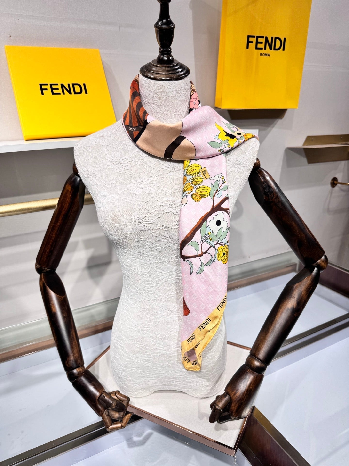 Fendi Gardening Foulard Scarf 90x90 White Colorful Silk Twill 204010