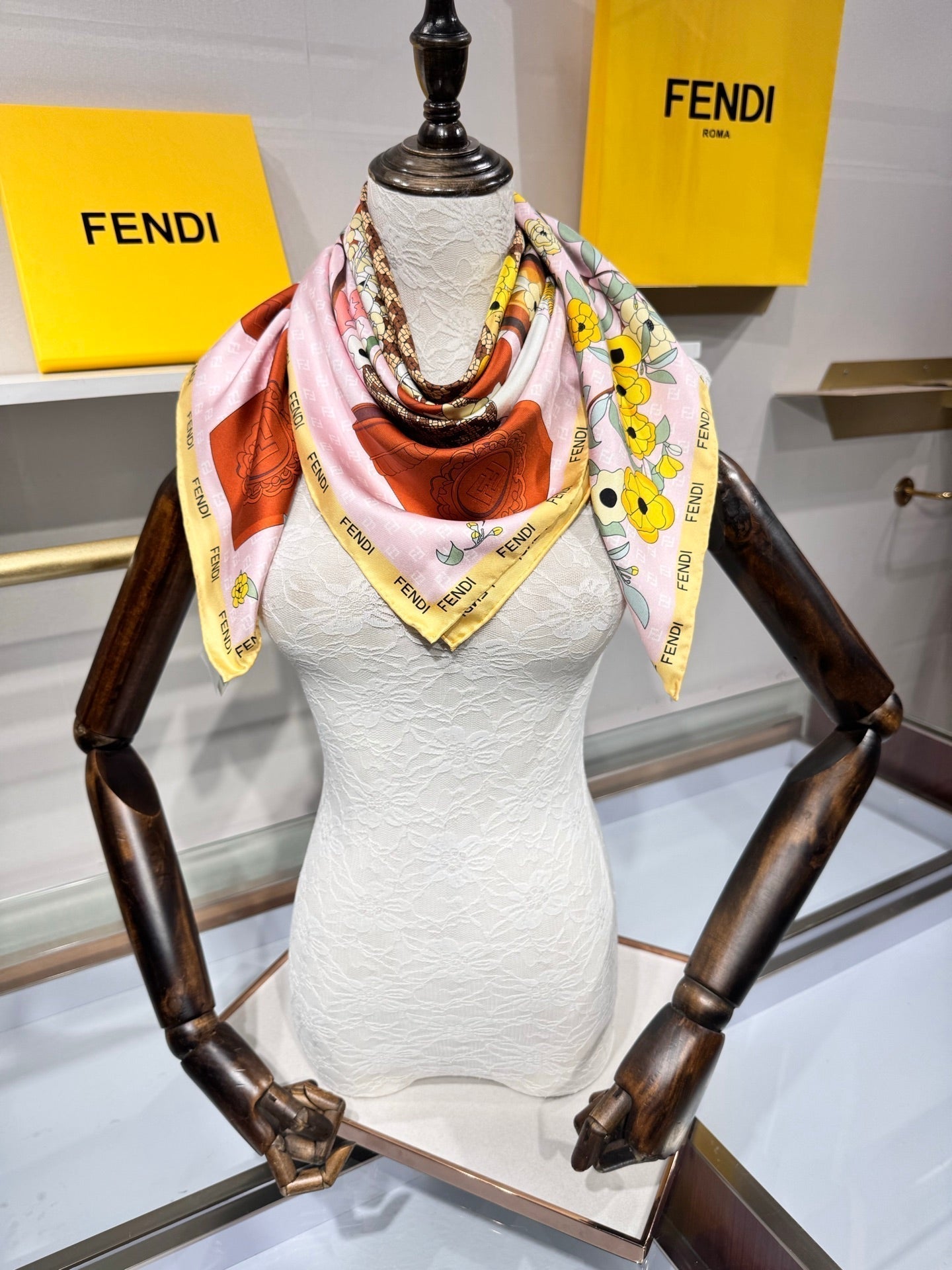 Fendi Gardening Foulard Scarf 90x90 White Colorful Silk Twill 204010