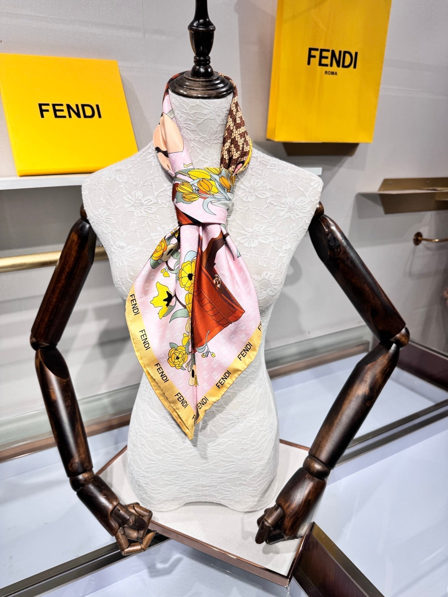 Fendi Gardening Foulard Scarf 90x90 White Colorful Silk Twill 204010