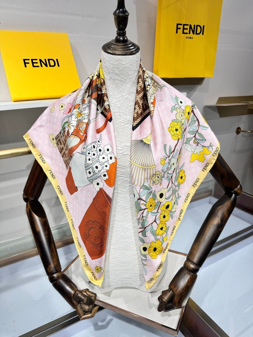 Fendi Gardening Foulard Scarf 90x90 White Colorful Silk Twill 204010