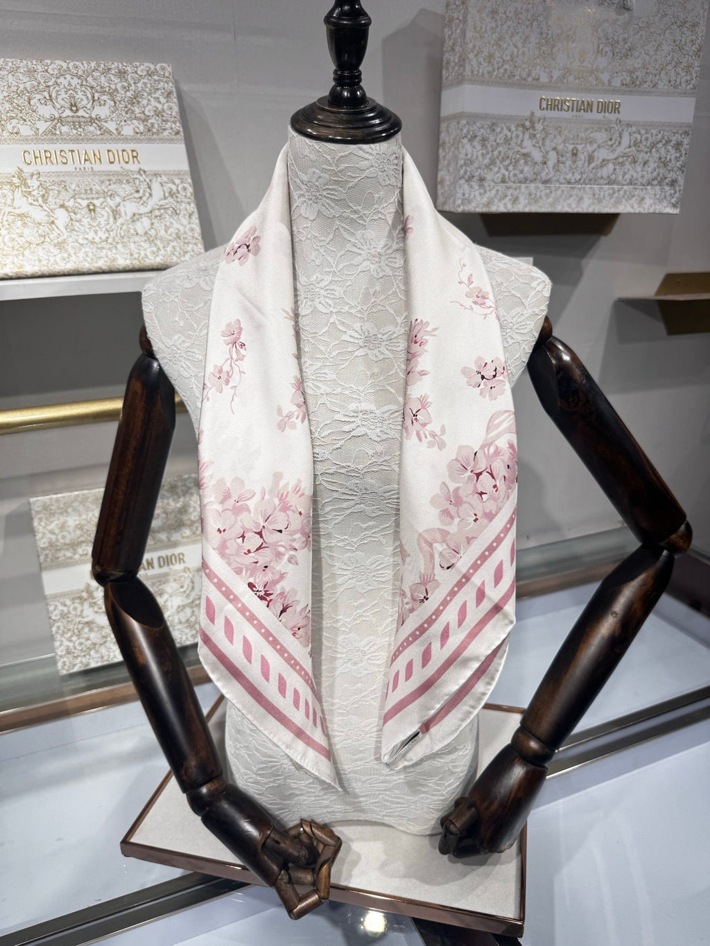 CD Jouy Scarf 90x90cm Light Pink White Silk Twill 209845